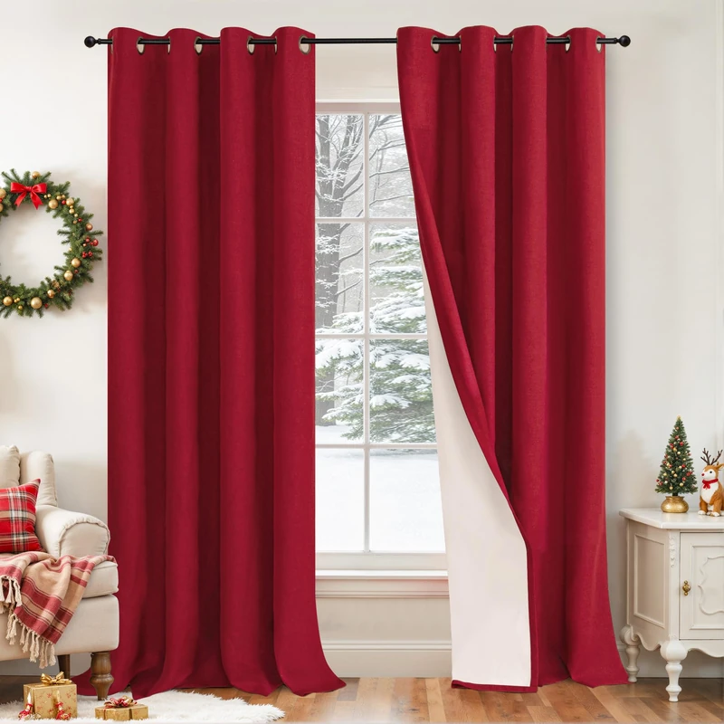 Lajode Linen Blackout Christmas Curtains - Red Thermal Insulated Curtains 90 Inch Long for Bedroom Living Room, Thick Heavy Light Blocking Energy Saving Soundproof Drapes Each 52x90 Inch 2 Panels