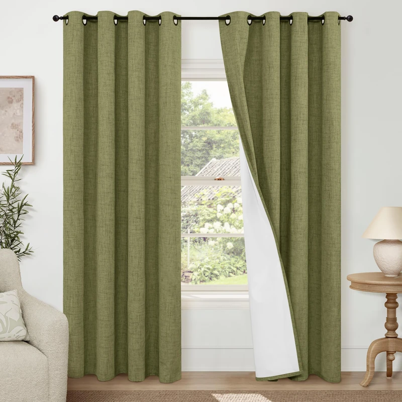 Lajode Olive Green Linen Blackout Curtains - 84 Inch Long Total Black Out Curtains for Bedroom Living Room, Thermal Insulated Room Darkening Light Blocking Faux Linen Curtains Each 52x84 Inch 2 Panels