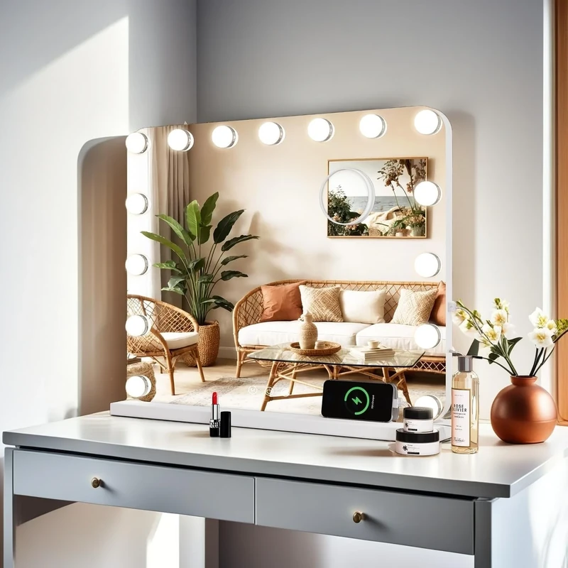 Clevich Make-up Mirror with Lighting, 50 x 40 cm, 15 Dimmable LEDs, USB Port, Removable Magnifying Mirror, Table and Wall Mirror for Make-Up, Modern Style