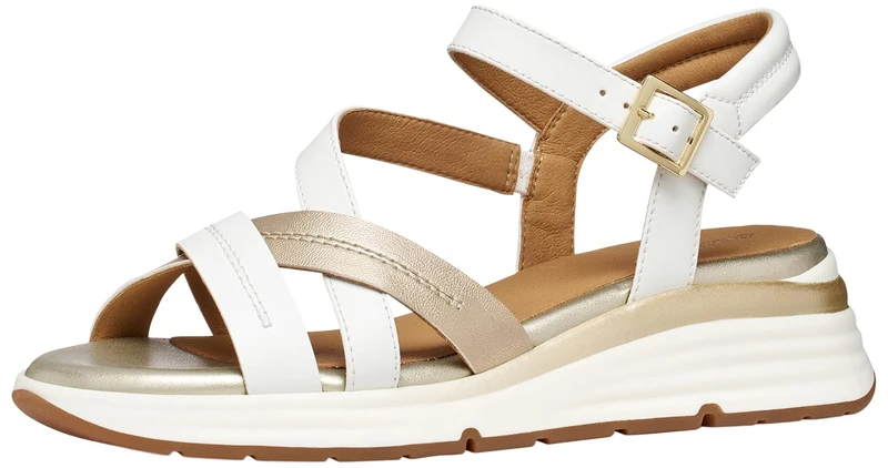 Geox Women's D ELOWYNNE A Wedge Sandal, White/LT Gold, 39 EU