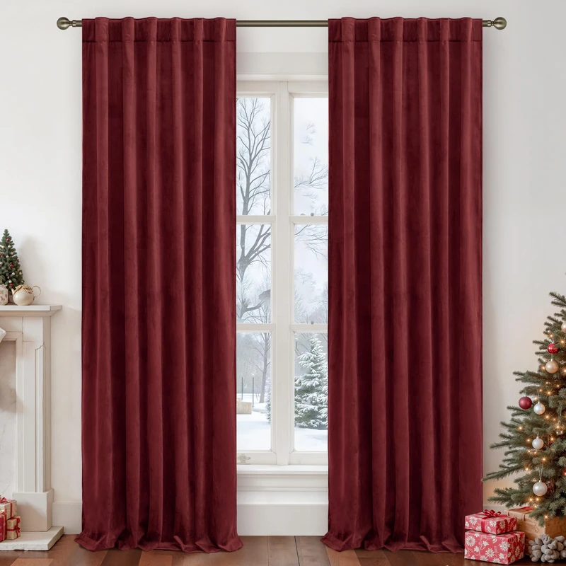 LAMIT Red Velvet Curtains 108 Inch for Living Room, Vintage Thermal Insulated Theater Panels Room Darkening Back Tab and Rod Pocket Christmas Drapes for Bedroom, 2 Panels, 52 x 108 Inch