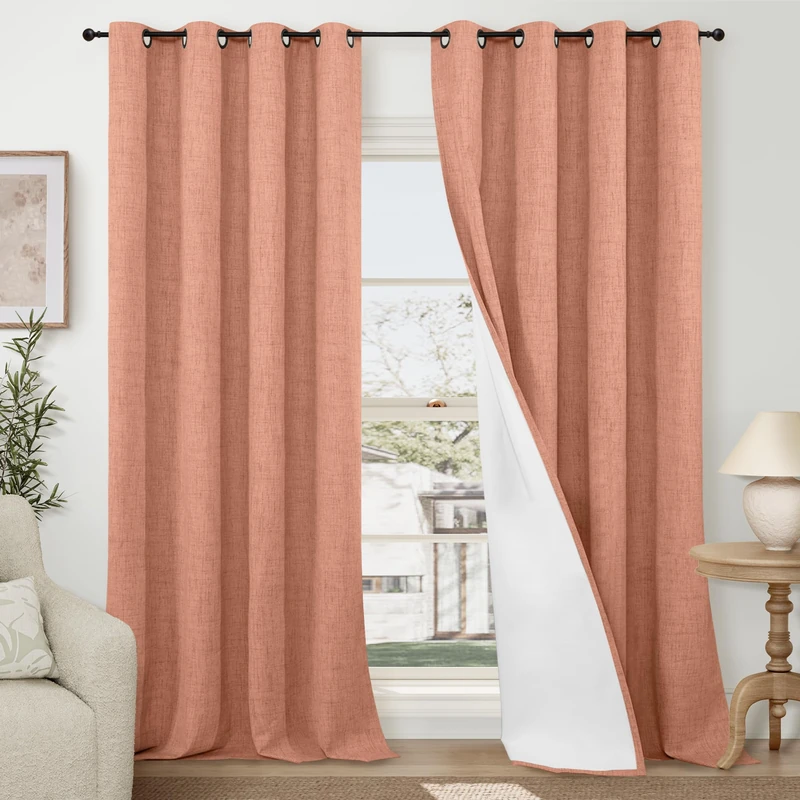 Lajode Terracotta Linen Blackout Curtains for Living Room 60 Inch Wide, Boho Farmhouse Curtains 84 Inch Long, Total Black Out Thermal Insulated Boho Window Drapes, Each Set 60x84 Inch 2 Panels
