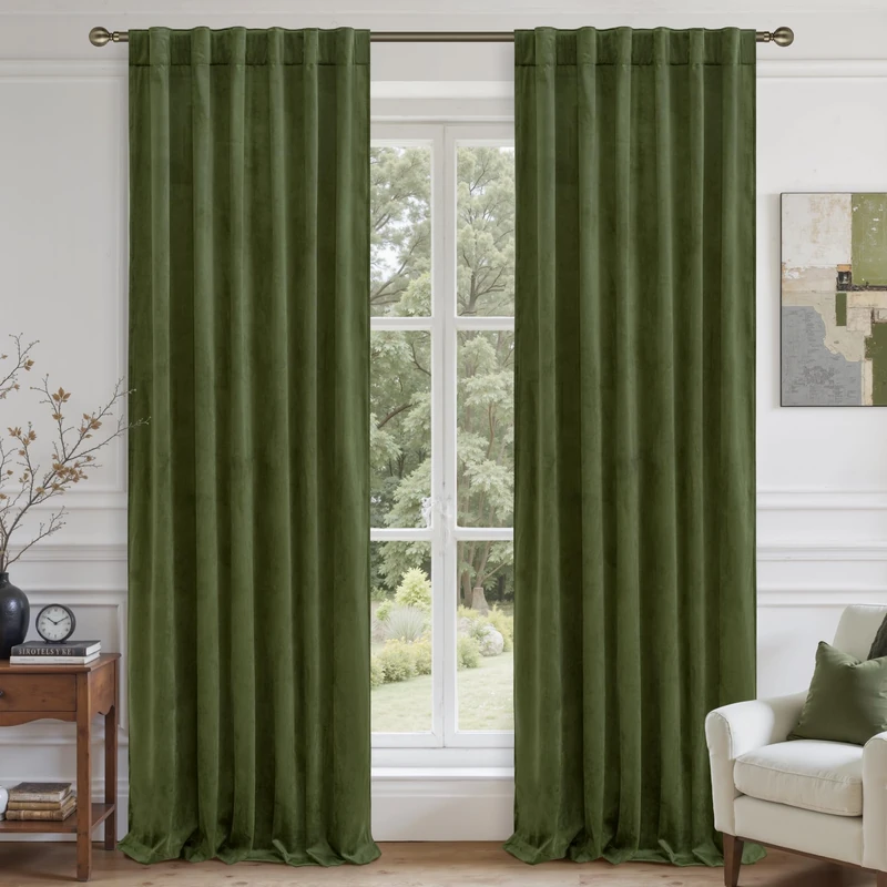 LAMIT Sage Green Velvet Curtains 108 Inches Long for Living Room, Luxury Thermal Insulated Blackout Panels Back Tab and Rod Pocket Room Darkening Drapes for Bedroom, 2 Panels, 52 x 108 Inch