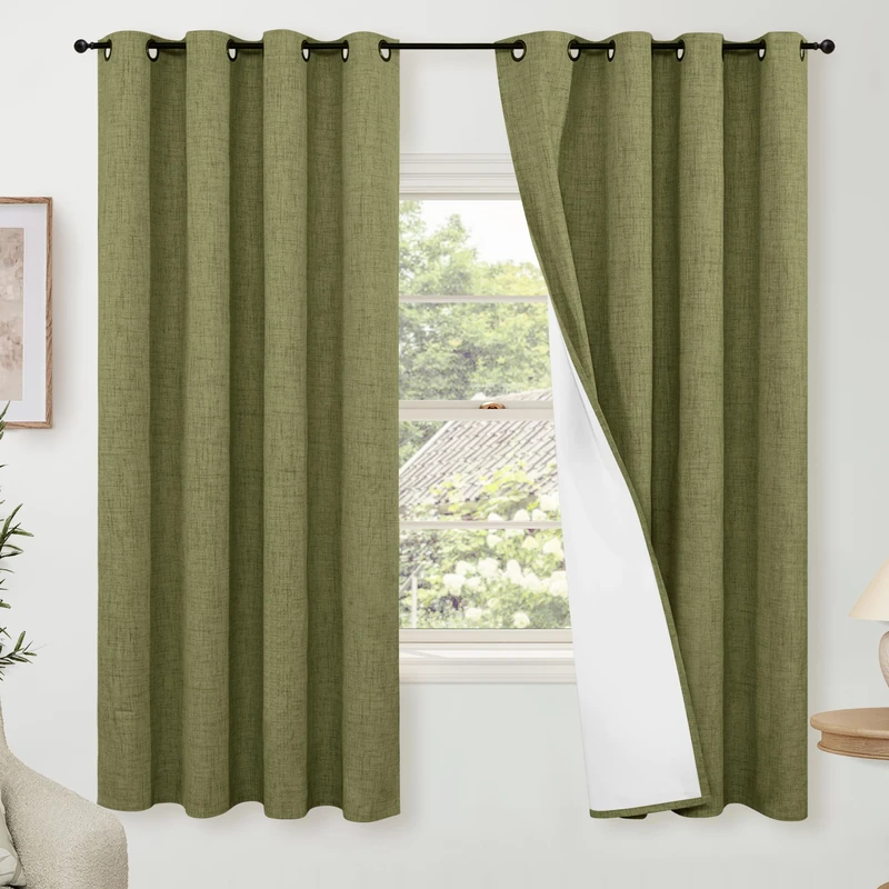 Lajode Olive Green Linen Blackout Curtains 54 Inch Long 2 Panels for Bedroom, Thermal Insulated Total Light Blocking Noise Reducing Window Curtains for Farmhouse Living Room, Each 52x54 Inch 2 Panels