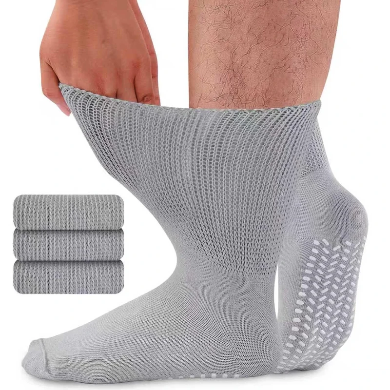 inaWarm Diabetic Grip Socks - 3 Pair Non Slip Wide Top for Swollen Feet, Grey