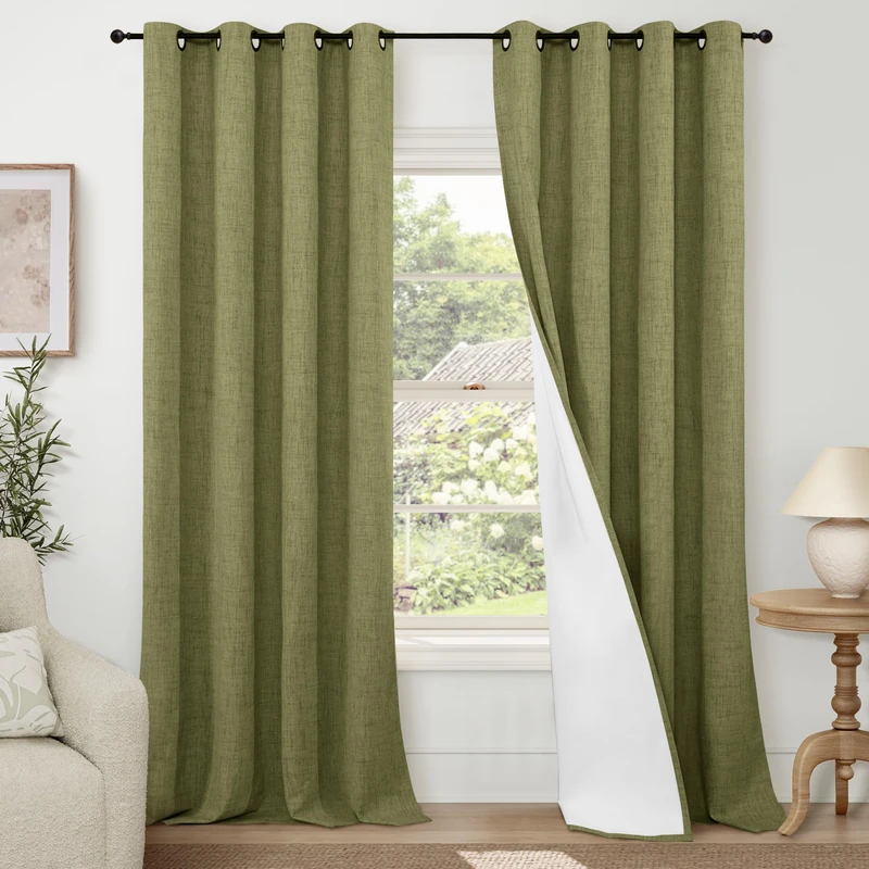 Lajode Linen Blackout Curtains 90 Inch Long, Olive Green Extra Long Curtains for Bedroom Living Room Modern Farmhouse, Thermal Light Blocking Faux Linen Energy Save Drapes Each 52x90 Inch 2 Panels