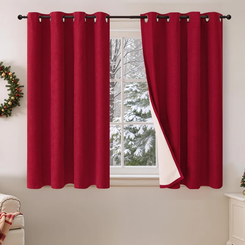 Lajode Short Linen Blackout Curtains for Winter Christmas Decor 45 Inch Long, Red Thermal Insulated Short Total Light Blocking Curtains for Small Window Living Room Bedroom, Each 52x45 Inch 2 Panels