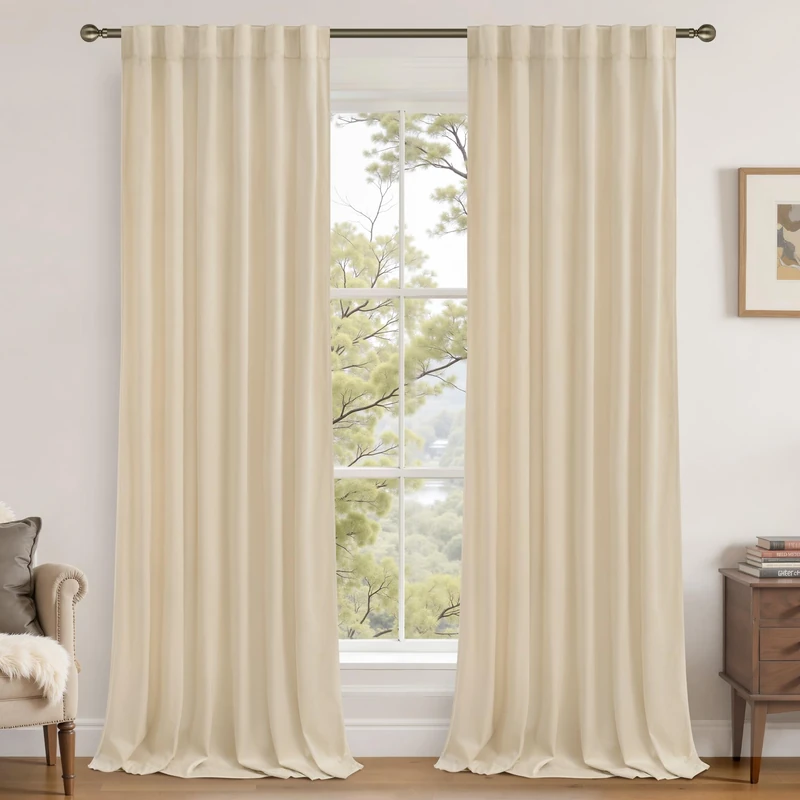 LAMIT Beige Velvet Curtains 102 Inch for Living Room, Elegant Thermal Insulated Room Darkening Drapes Noise Reducing Back Tab and Rod Pocket Drapes for Bedroom/French Door, 2 Panels, 52 x 102 Inch