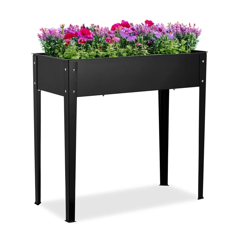 Relaxdays Raised Planter, Herb & Flower Box, for Garden, Balcony & Patio, Powder-Coated Steel, 80 x 85 x 40 cm, Black