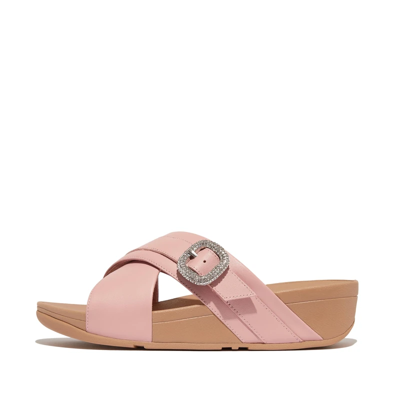 Fitflop Lulu Crystal-Buckle Leather Cross Slides