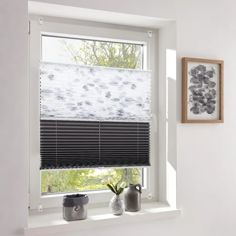 Sekey Day+Night Pleated Blind, Double Pleated Blackout Blind, No Drilling, Tensioned Sun Protection, 80 x 120 cm, Print + Dark Grey