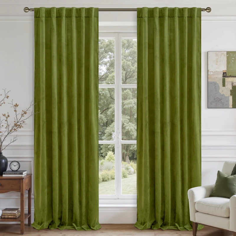 LAMIT Moss Green Velvet Curtains for Living Room, 120 Inches Thermal Insulated Room Darkening Panels Super Soft Back Tab and Rod Pocket Window Drapes for Bedroom, 2 Panels, 52 x 120 Inch