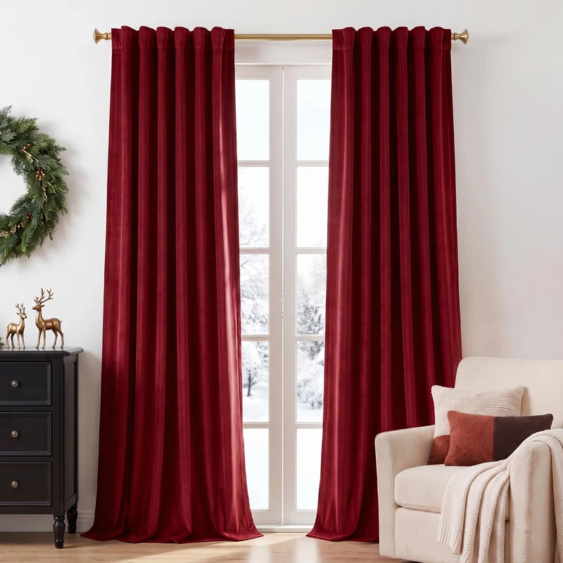 StangH Red Velvet Curtains for Living Room, 2 Panels, 52 x 144 Inches Long, Christmas Style Decor Back Tab Thermal Insulated Privacy Protect Drapes for Bedroom Home Theater, Room Darkening