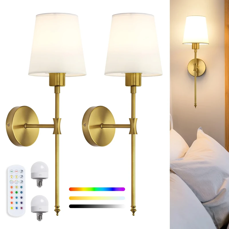 LuminexDesigns Rechargeable Wireless Wall Sconce Lights Set of 2 – Vintage Elegant Fabric Shade Magnetic RGB Bulb with Remote Control, Battery Operated Wall Lights for Bedroom & Living Room, Gold