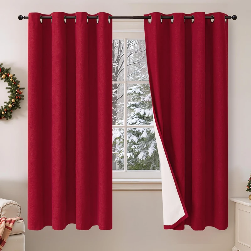 Lajode Red Christmas 100% Linen Blackout Curtains 63 Inch Long 2 Panels, Thick Heavy Thermal Insulated Cold Blocking Noise Reducing Window Curtains for Winter Decoration, Each 52x63 Inch 2 Panels