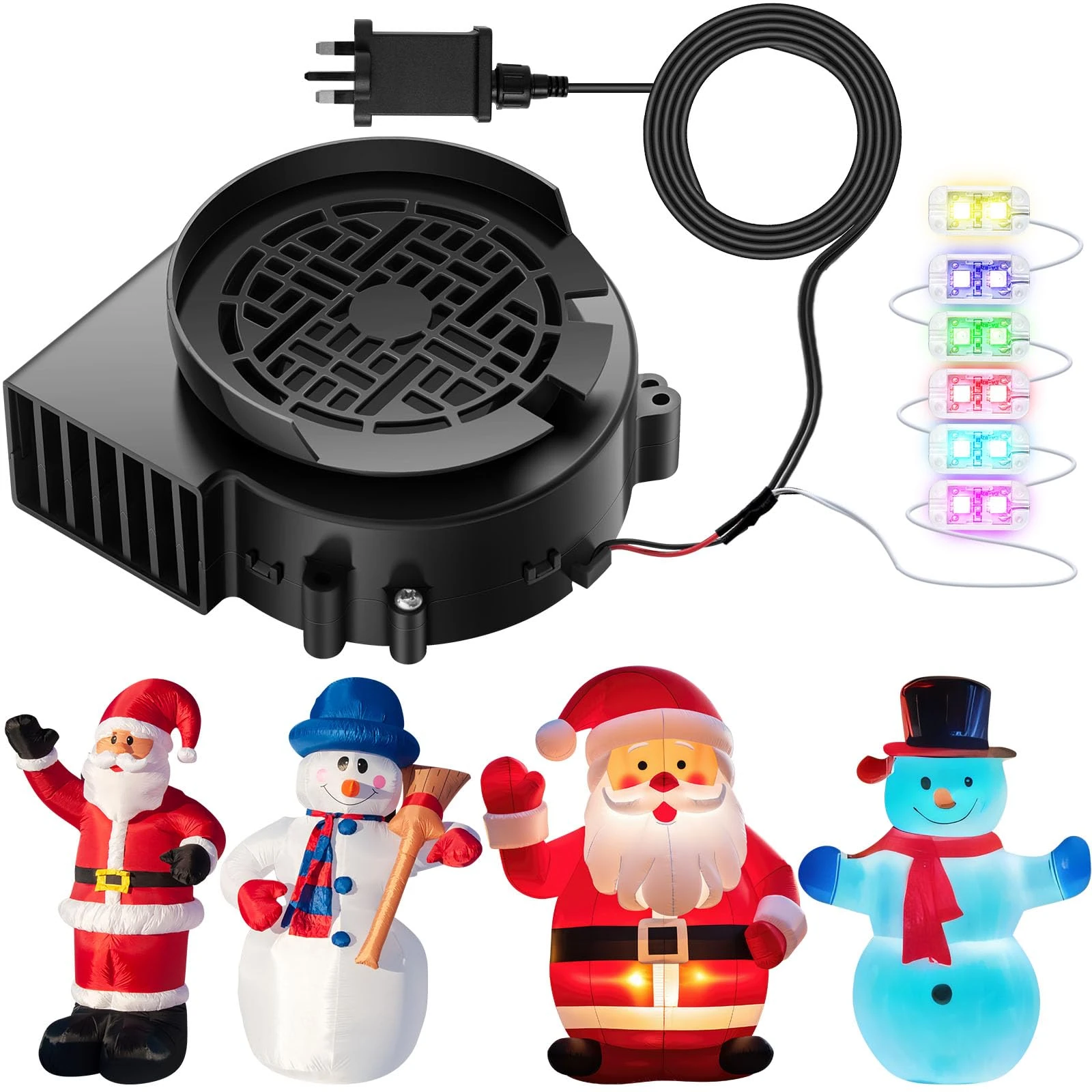 Gulfmew Christmas Inflatable Blower Replacement 1.0a Air Blower Fan with 12v 1.5a Adapter and Light String with 6 LED Bulbs Outdoor Fan for Xmas Holiday Yard Lawn Inflatable(Colored Lights,1 Pcs)