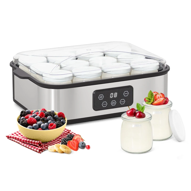 Todeco Electric Yogurt Maker with 12 Glass Jars 180 ml, Stainless Steel Homemade Yogurt Maker, LCD Display, Adjustable Thermostat and Timer, for Preparing Greek and Flavored Yogurt