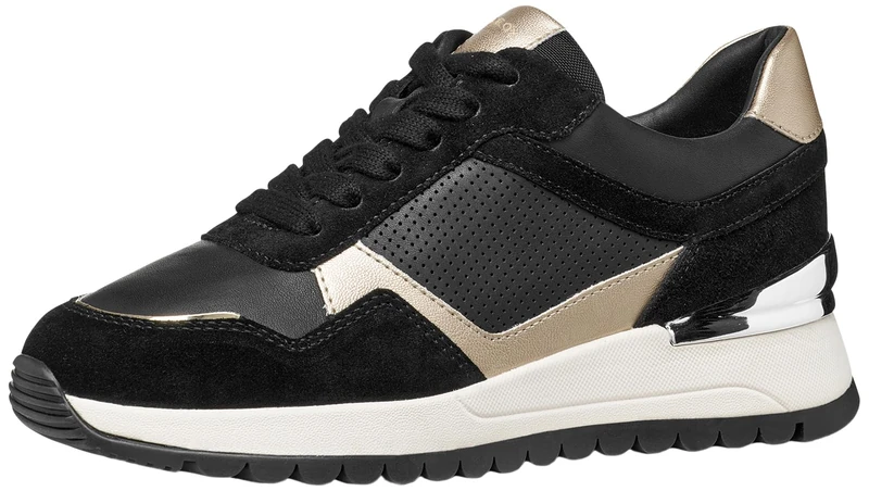 Geox Women D Desya A Sneaker, Black Lt Gold, 4 UK