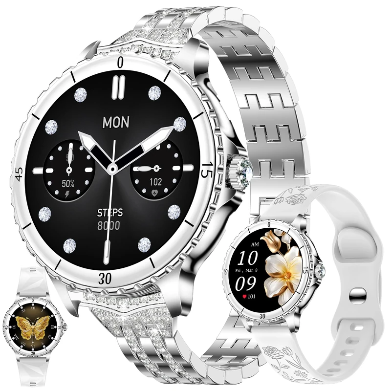 Smartwatch with Bluetooth Call,1.27" AMOLED Smartwatch Women Men's, 3ATM Waterproof Smart Watch, 123 Sport Modes, SpO2, Music Player, Heart Rate Monitor, Smartwatches for Android iOS (Silver)