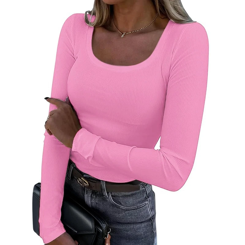 Chicrise Women's Long Sleeve Tops U Neck Tshirt Basic Casual Slim Fit Knit Casual Lightweight Jumpers Pink Means 12-14