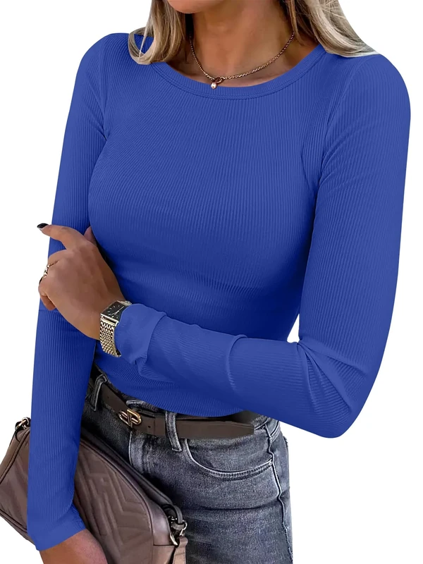 Chicrise Womens Sweatshirt Long Sleeve Round Neck Tops Ribbed Slim Fit Basic Plain T-Shirts Comfortable Blue Large 16-18