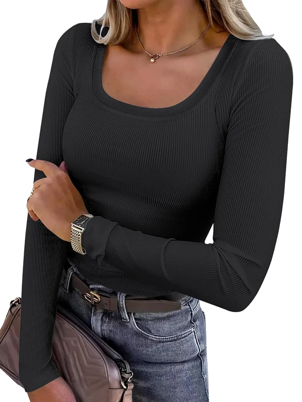 Chicrise Tshirts Women Long Sleeve Autumn Basic T Shirts U Neck Slim Fit Knitted Tops Plain Black 2X Large 24-26