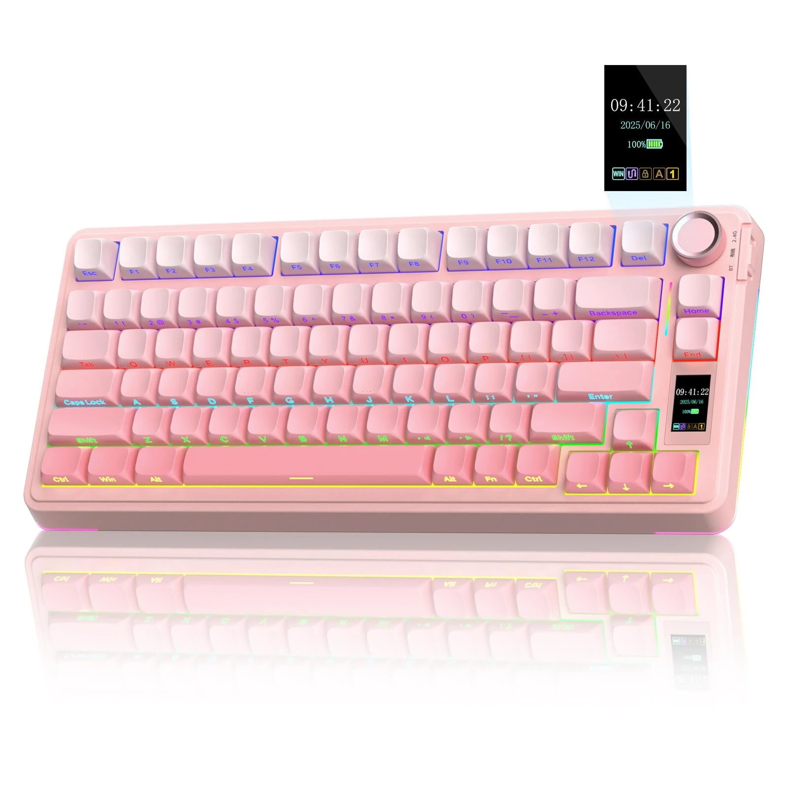 AULA S75Pro Wireless Gaming Keyboard 75 Percent,BT5.0/2.4G/USB-C Mechanical Keyboards with Screen & Multifunction Knob,Five-layer Padding,Hot Swappable,RGB Backlit,Creamy Keyboard for Win/MAC (Pink)