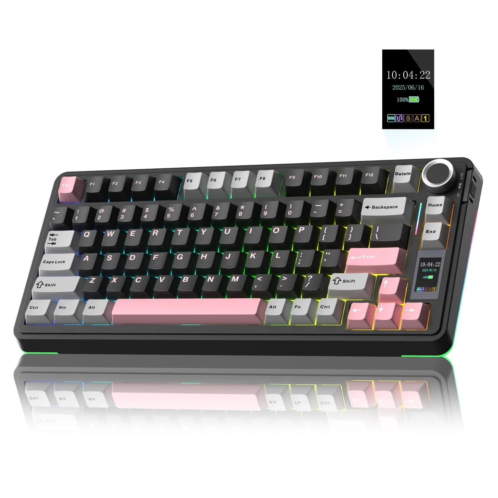 AULA S75Pro Wireless Gaming Keyboard 75 Percent,BT5.0/2.4G/USB-C Mechanical Keyboards with Screen & Multifunction Knob,Five-layer Padding,Hot Swap,RGB Backlit,Creamy Keyboard for Win/MAC (Grey Pink)
