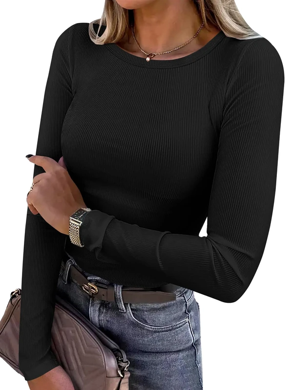 Chicrise Women Tops Long Sleeve Crew Neck T-Shirts Basic s Slim Fit Ribbed Solid Color Stylish Clothes Black Large 16-18