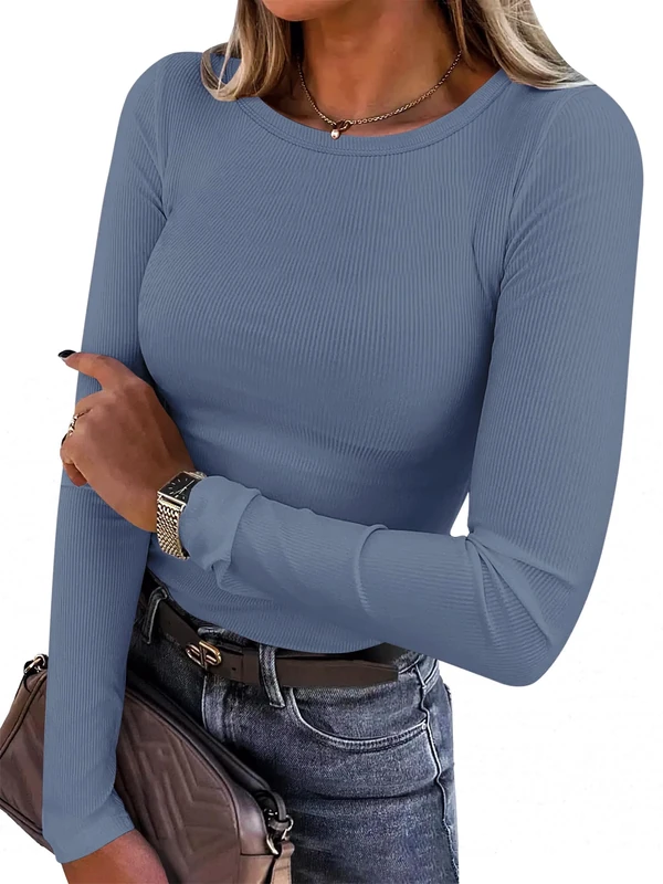 Chicrise Women Tops Long Sleeve Crew Neck T-Shirts Basic s Slim Fit Ribbed Solid Color Stylish Clothes Greyblue Large 16-18