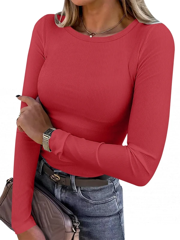 Chicrise Women Tops Long Sleeve Crew Neck T-Shirts Basic s Slim Fit Ribbed Solid Color Stylish Clothes Red Large 16-18
