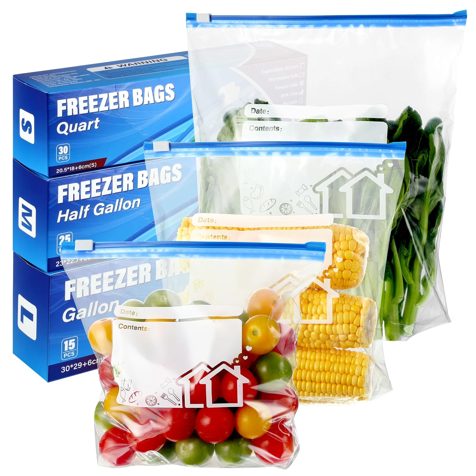 70 Pcs Zip Lock Bags, 3 Sizes Freezer Bags (4.55L, 2.27L, 1L), Reusable Heavy Duty Food Bag with Expandable Bottom, Ziplock Sandwich Bag for Fruits, Veggies, Meat, Snacks