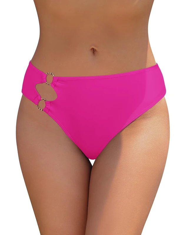 Oheyeseker Women's High Waisted Bikini Bottom Cut Out Metal Ring Bathing Suit Swim Bottoms (Pink, Large)