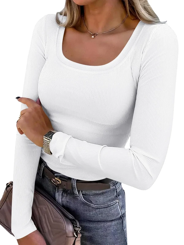Chicrise T Shirts for Women U Neck Long Sleeve Slim Fit Tops Basic Ribbed Knitted Sweatshirts White 2X Large 24-26