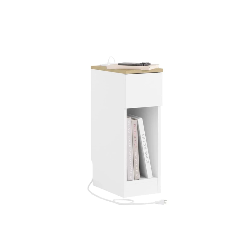 SoBuy Slim Bedside Table with Charging Station Narrow Side Table Nightstand with a Standard Outlet, a USB Port and a Type-C Port for Bedroom Living Room White W20 x D35 x H60cm FBT111-E-WN