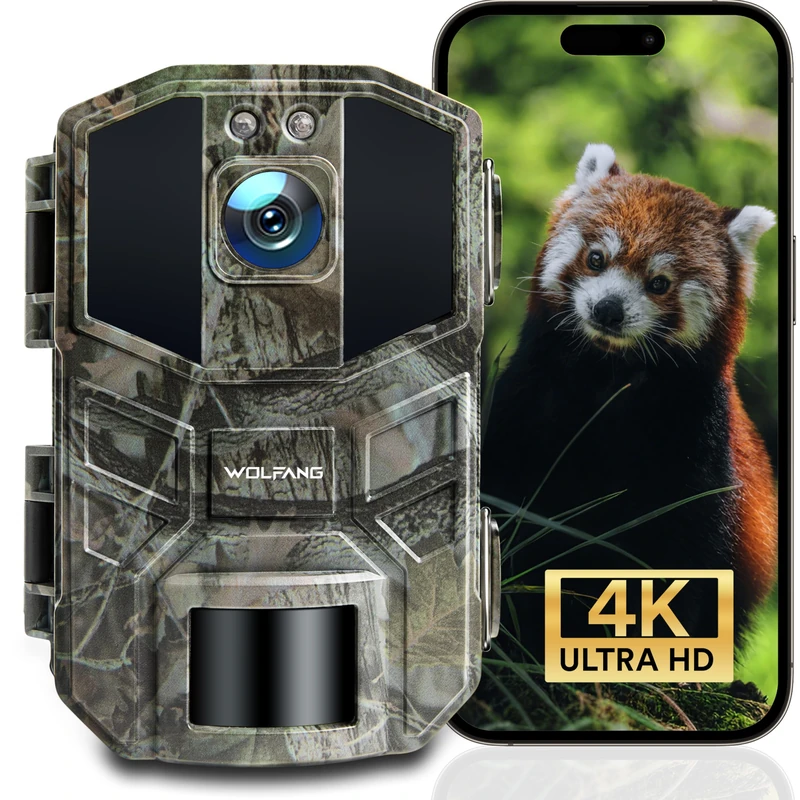 WOLFANG Wildlife Camera 64MP 4K HD, WiFi Bluetooth Trail Camera, Hunting Camera with Night Vision Motion Activated, IP66 Waterproof, 0.1s Trigger Time for Wildlife RecordingIndoor Monitoring