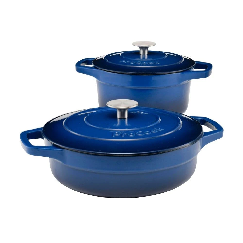 ProCook Graduated Cast Iron Dutch Oven Set - 2 Piece, 20cm/24cm, Casserole Dishes with Lid - Blue, Durable Induction Compatible Cookware