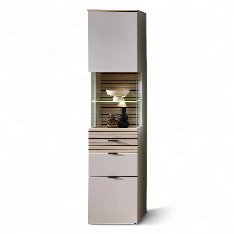Stella Trading INA Showcase in Cashmere, Riva Oak Look, FSC-Certified, Modern Display Cabinet with LED Lighting and Lots of Storage Space, 45 x 200 x 36 cm (W x H x D)