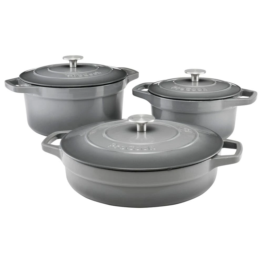 ProCook Graduated Cast Iron Dutch Oven Set - 3 Piece, 20/24/28 cm, Casserole Dishes with Lid - Grey, Durable Induction Compatible Cookware