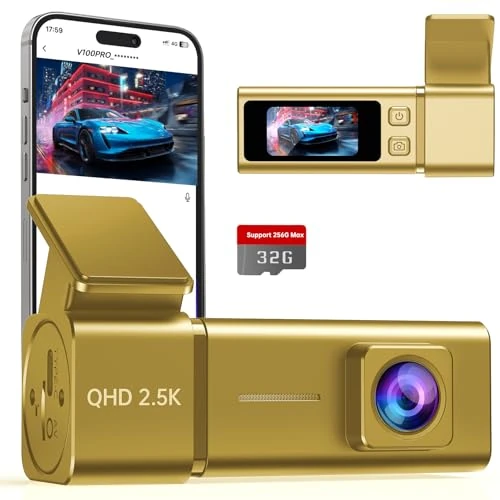 Dash Cam 2.5K WiFi Dash Camera for Cars, 1.47” IPS Screen Dashcam with App, Front Car Camera, G-Sensor, Loop Recording, Night Vision, 24H Parking Mode, 32G SD Card Included, Support 256GB Max (Gold)