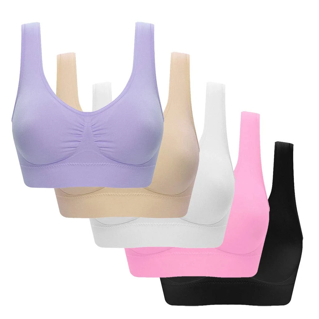 5 Pack Sports Bras for Women UK Push Up Seamless Bra Wireless Ladies Full Coverage Bralette Workout Running Gym Crop Top Solid Color Yoga Bra Non Wired Comfy Bras for Fitness Jogging