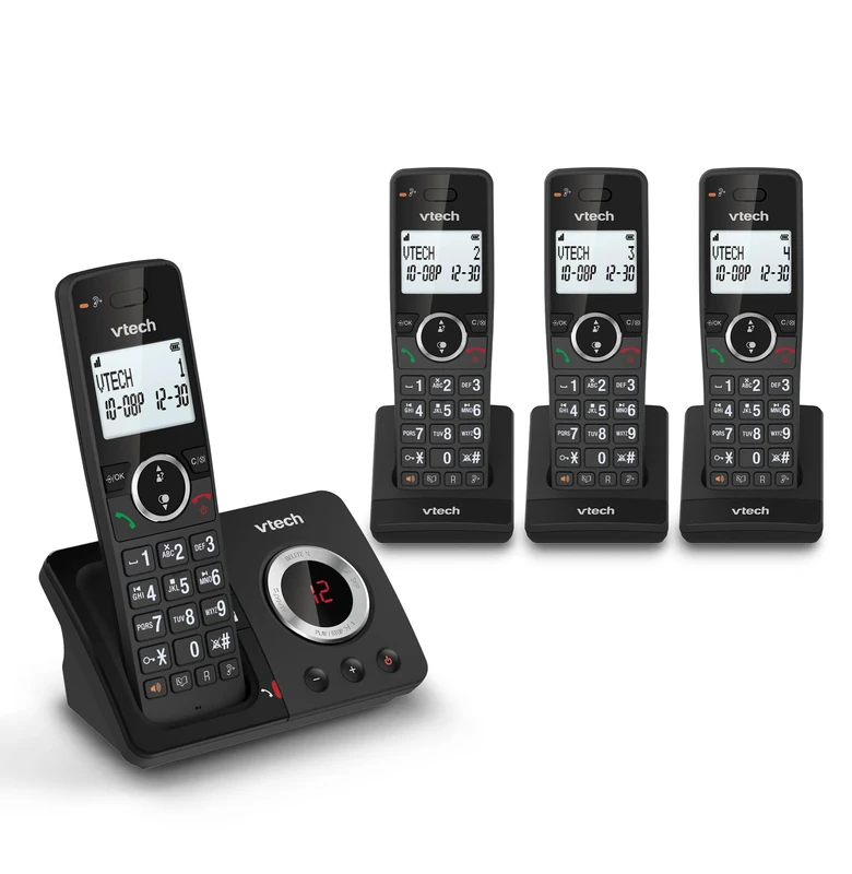 VTech ES2053 Cordless Phone with Answering Machine, Call Block, Easy-to-Read Backlit Display, 18 Hours Talk-time, Volume Booster, Handsfree Speakerphone, Speed Dial, DECT, 4 Handsets