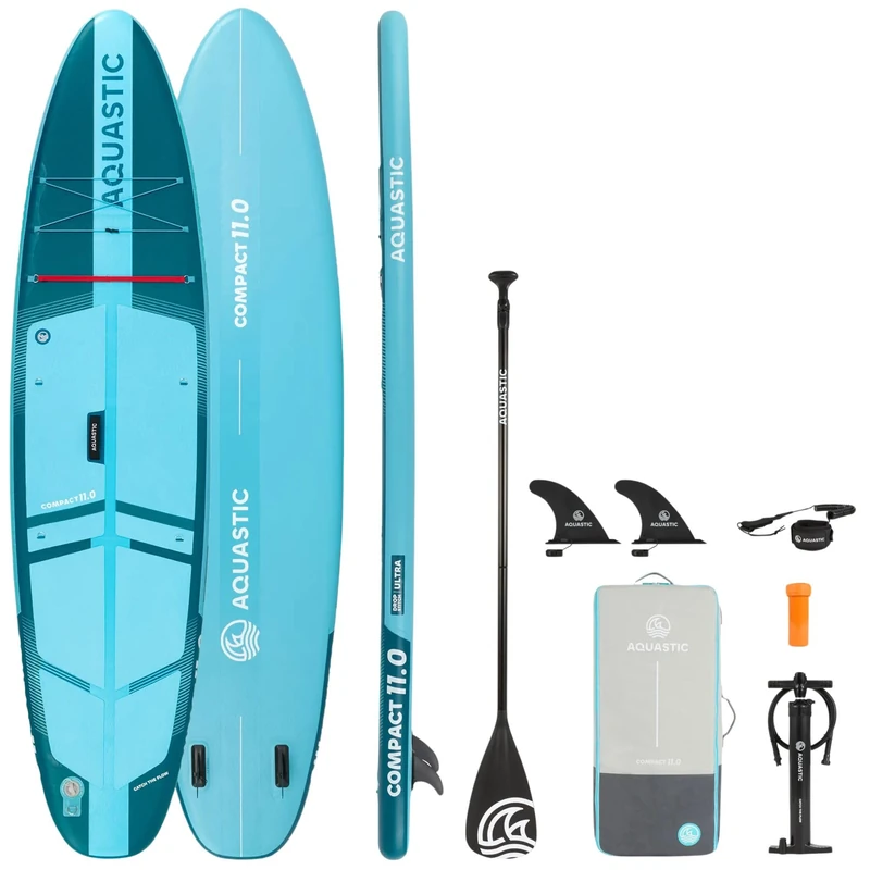 AQUASTIC Compact 11'0 inch SUP Board/Kayak - Drop Stitch Ultra, Stringer, 335 x 81 x 12 cm, 260 L Displacement, 50% Foldable, EVA Foam, D-Rings, Slide-in Stabilisers, Backpack, Pump, Paddle