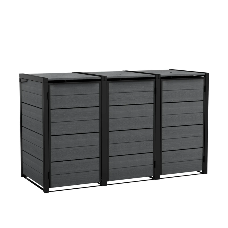 Keter 240L Hideaway 3-Bin Storage Unit | Evotech Wood-Effect, Weather-Resistant | Fits Three 240L Wheelie Bins | Steel & Aluminium Frame | Hydraulic Lids for Easy Access | Outdoor Bin Store