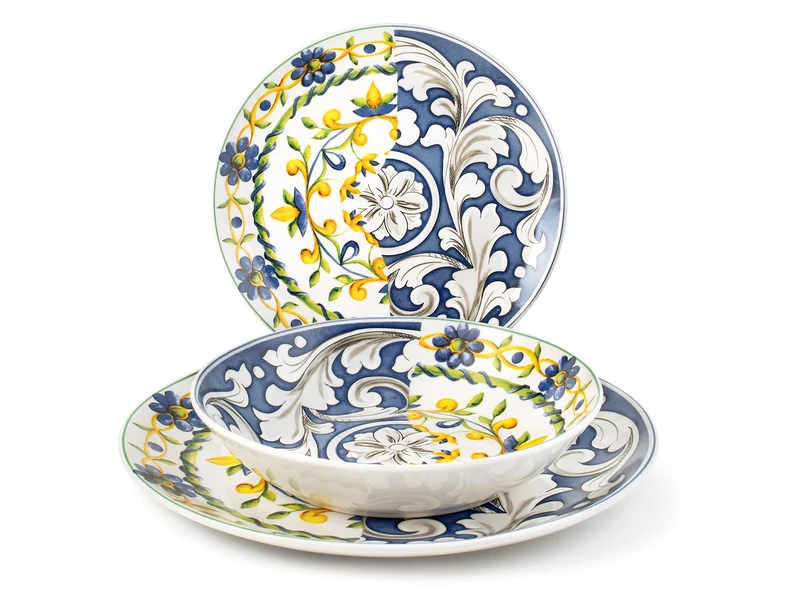 H&H 18-Piece Porcelain Dinner Set - Faenza Line - Summer Mediterranean Decoration - Elegant Plates for 6 People - Dishwasher and Microwave Safe