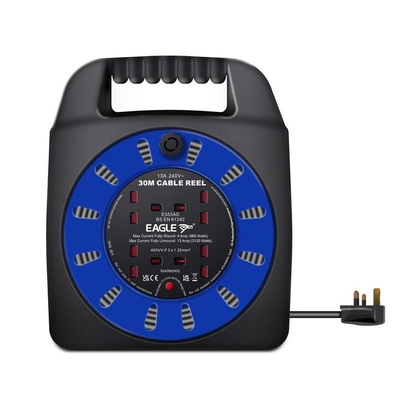 Eagle 4 x UK Socket Extension Reel with Handbag Type Holder, Restable Thermal Safety Cut Out Protection, Easy Hold Handle, Winding Handle, UK Plug. Extending Extension Lead 13 Amp 30m