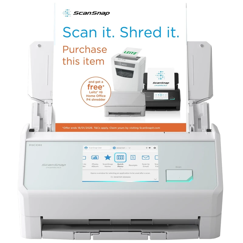 ScanSnap iX2500 White – Ultra High Speed 45 ppm/90 ipm Duplex Scanner, 100‑Sheet ADF, 600 dpi Optical, 5″ Touchscreen, Wi-Fi 6-Bluetooth-USB 3.2 Gen 1×1 Multi‑Device Connectivity