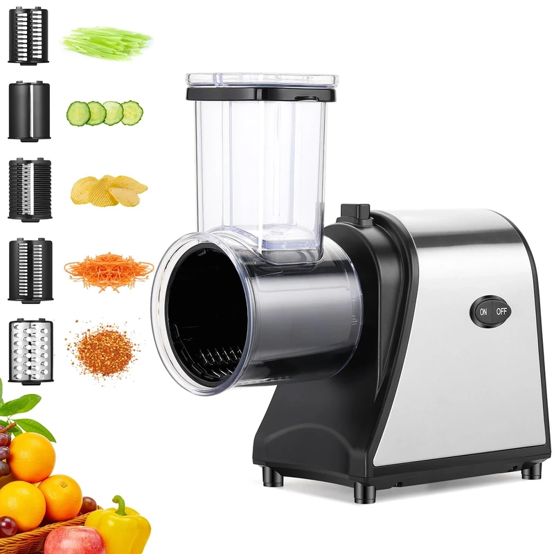 250 W Electric Vegetable Cutter, 5-in-1 Vegetable Slicer with Extra Large Filling Opening, Multifunctional Kitchen Grater for Fruit, Vegetables & Cheese