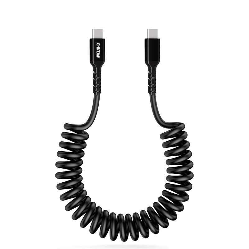 GHNTJAP Coiled USB C to USB C Cable,0.4M-1.2M 60W PD USBC to USBC Cable,Type C Cord for Android Auto,Carplay,iPhone 16 15 Pro Max Plus,Galaxy S24,Pixel-Black