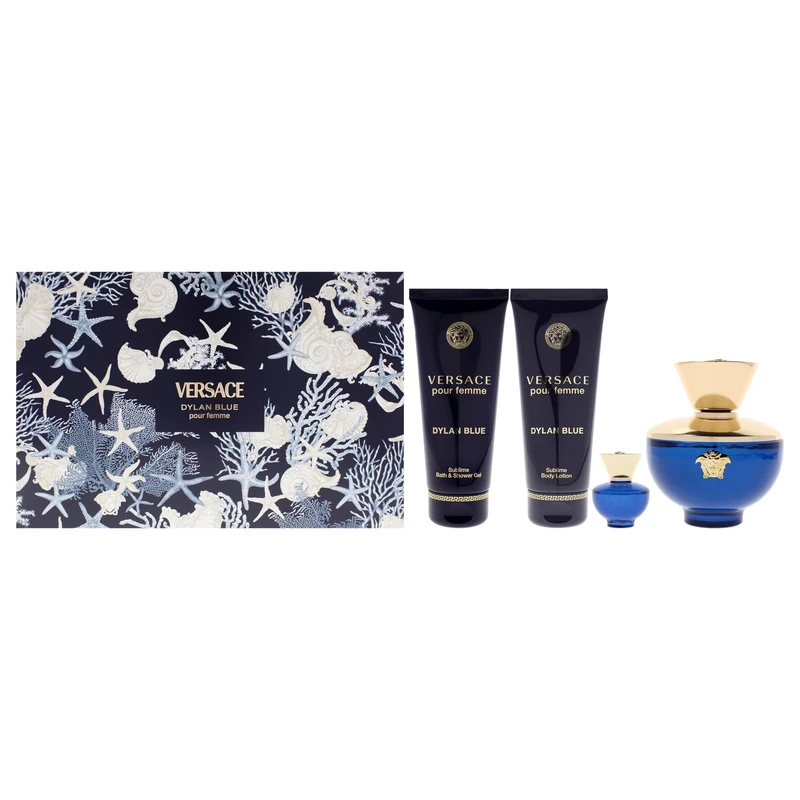 Dylan Blue by Versace for Women - 4 Pc Gift Set 3.4oz EDP Spray, Body Lotion, Bath and Shower Gel, 0.17oz EDP Splash - Image 1